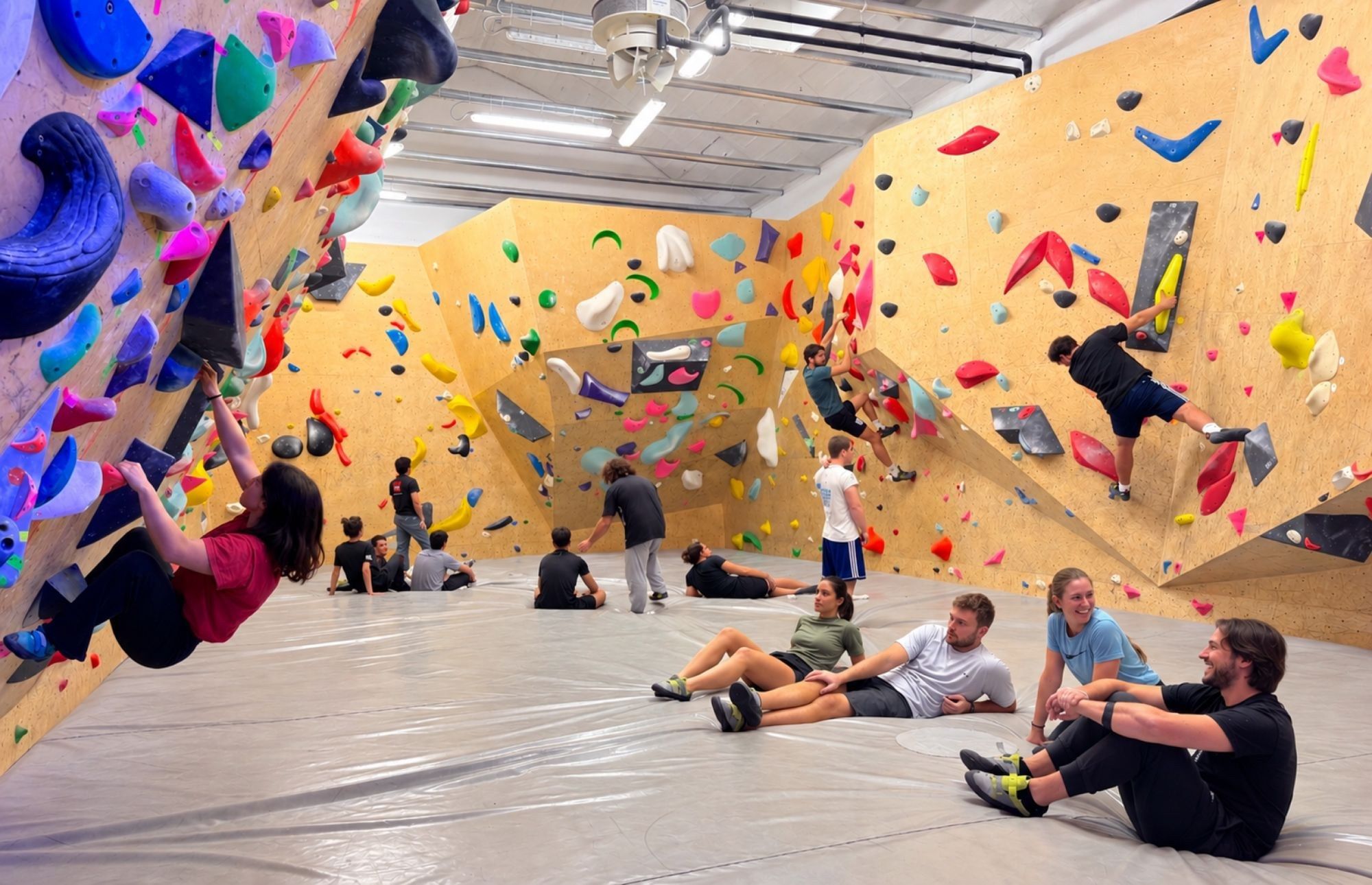 La sala boulder piena di gente: una ragazza arrampica in strapiombo, altri salgono sulle pareti e un gruppo sorridente si riposa seduto sul grande materasso